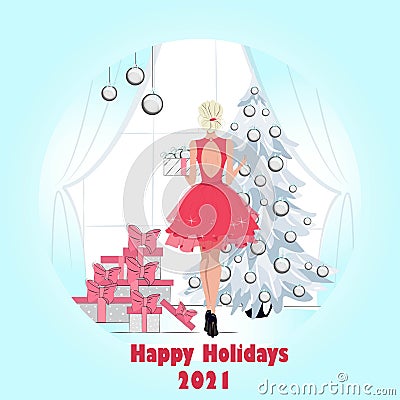 Greeting cards for winter holidays, merry christmas and happy new year,Elegantly dressed girl decorates a Christmas tree Vector Illustration